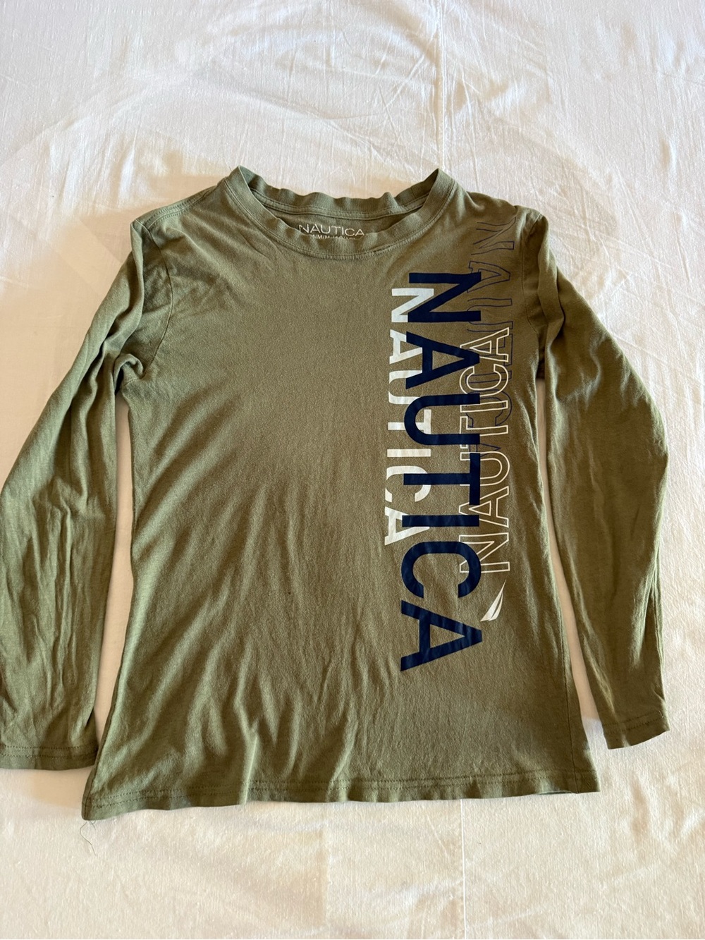 Nautica Boys Olive Green Long Sleeve Graphic T-Shirt Vertical Logo Youth M 10/12